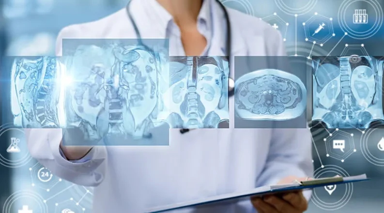 A doctor examines mri images of internal structures of the h