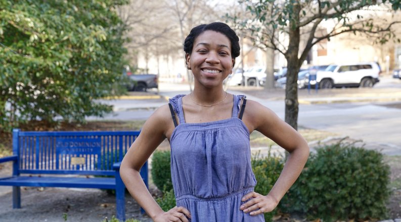 Jordan Narcisse photographed outside Old Dominion University’s Batten Arts and Letters Building, spring 2026.