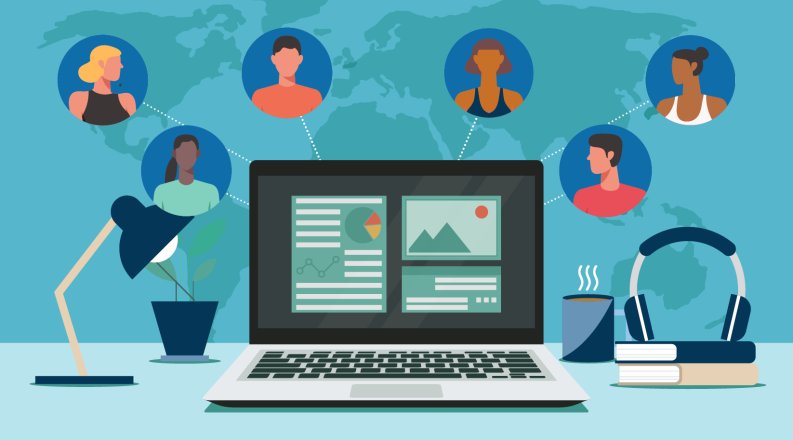 Laptop in front of a map with people around it