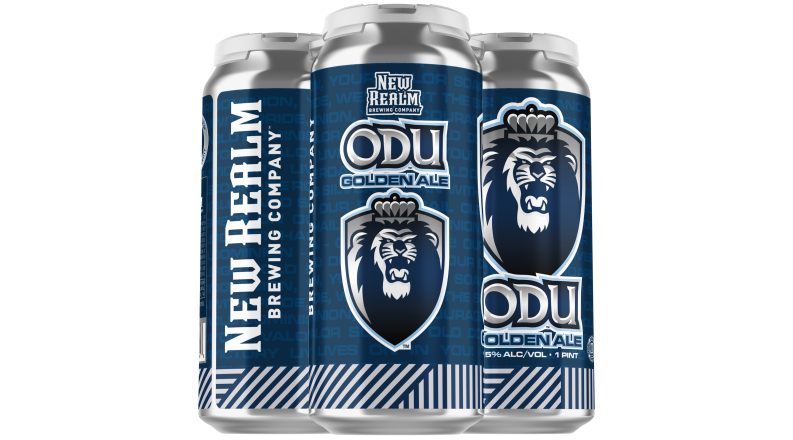 Three beer cans are shown with ODU's lion logo.