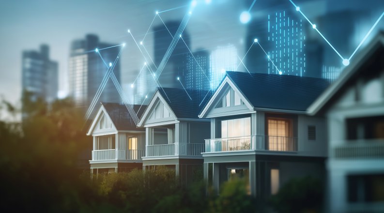 large city buildings in the background houses in the foreground