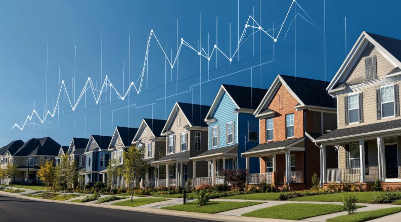 Row of houses with financial charts on top
