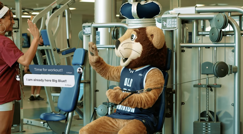Big Blue on a workout machine