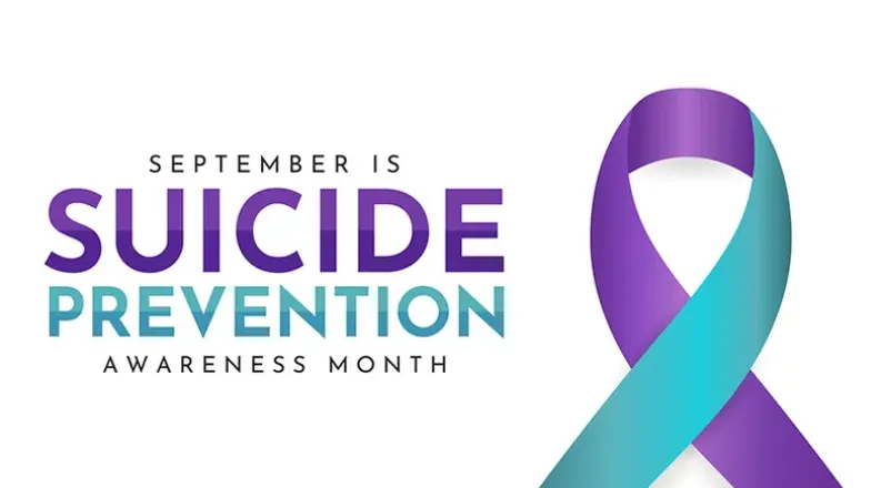 blue and purple ribbon with Suicide Prevention awareness mon