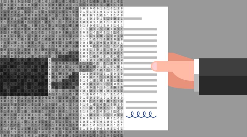graphic of two hands exchanging a document, one is AI