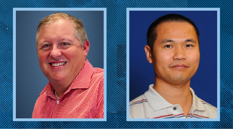 Portraits of James Bartlett (left) and Xihe Zhu (right) sit atop a blue patterned background. 