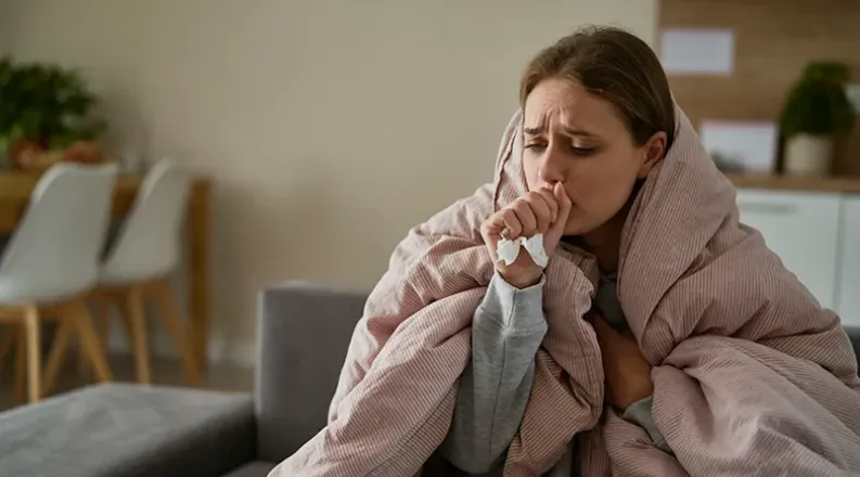 Woman with blanket, tissues and sneezing.