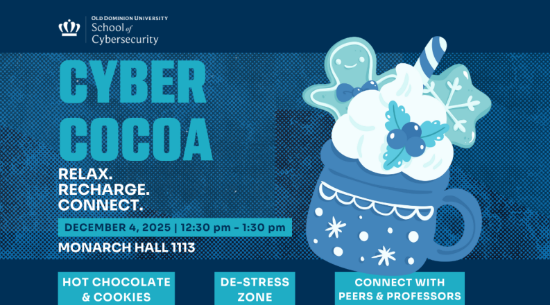 Cyber Cocoa event with gingerbread man and hot chocolate.