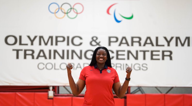 Photo of DeLisha Milton-Jones at an Olympic training facility.