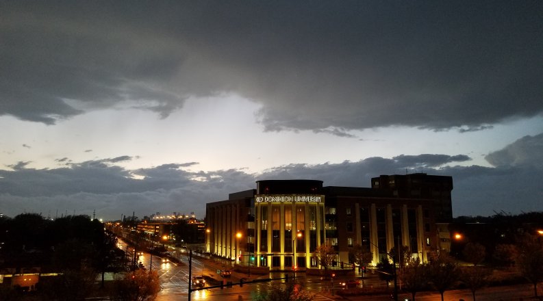 education building after a rainstorm