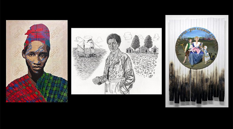three paintings side by side from envisioning revolution exhibit