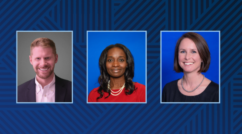 Three photo headshots on a blue background.