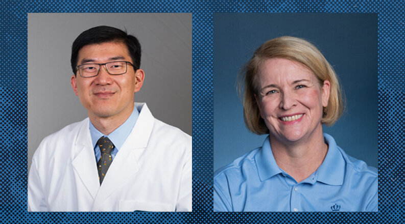 headshot of Dr. Lam next to photo headshot of Dr. Reynolds on blue textured background  