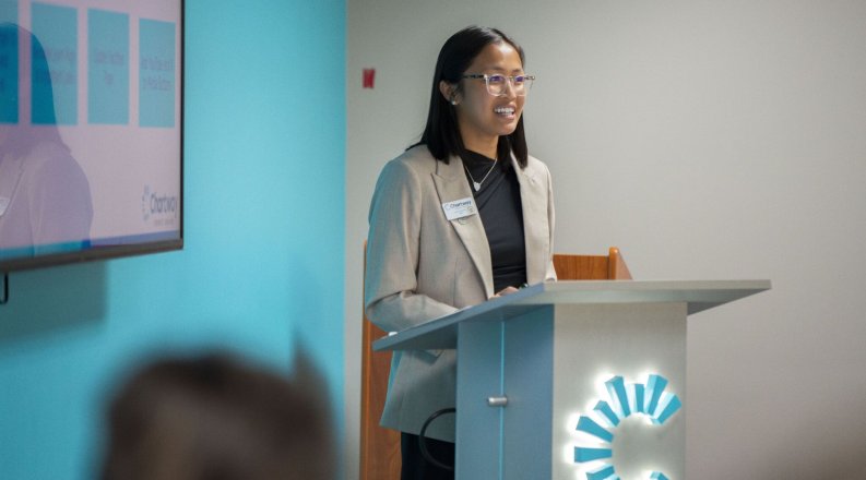 Isabel Hipolito presents her work to the Monarch Internship and Co-Op Office. 