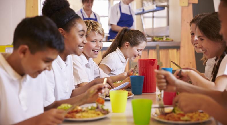 Primary school kids at a table in school cafeteria, close up