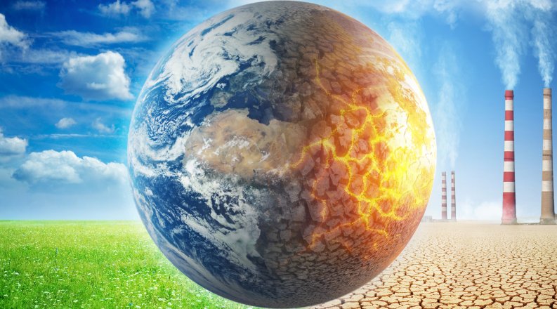 Earth on a background of grass and clouds versus a ruined Ea