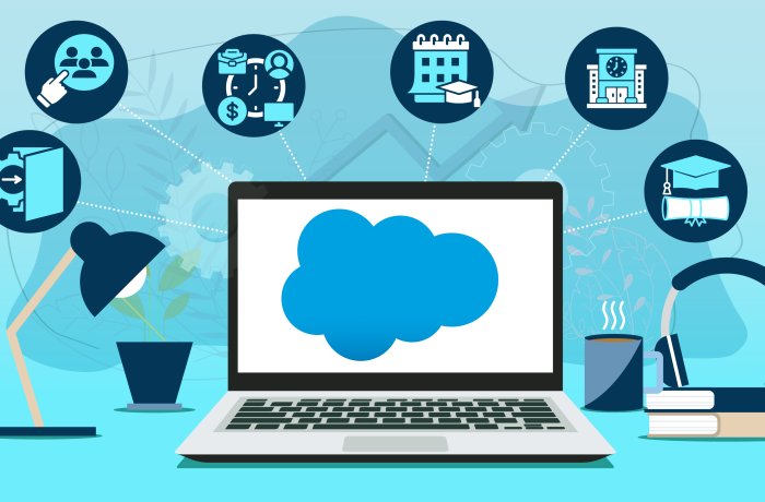 Illustration of a laptop displaying a cloud icon, surrounded by icons representing education, business operations, graduation, finance, and technology tools.