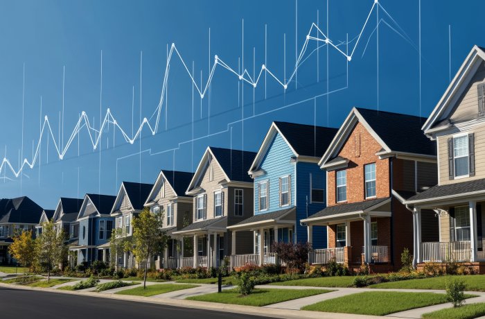 Row of houses with financial charts on top