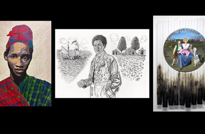 three paintings side by side from envisioning revolution exhibit