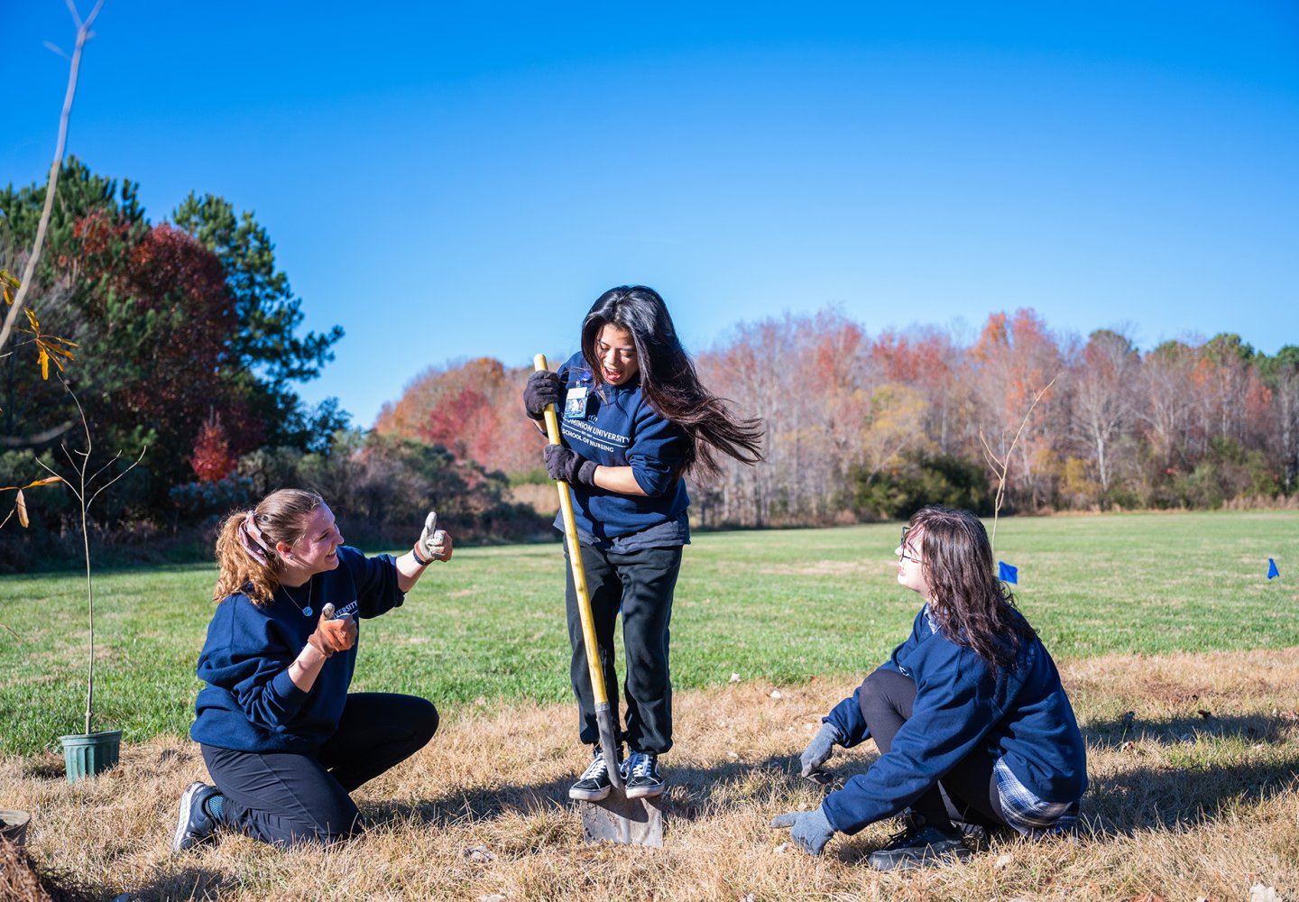 Three students planting a tree at the ODU Virginia Beach campus