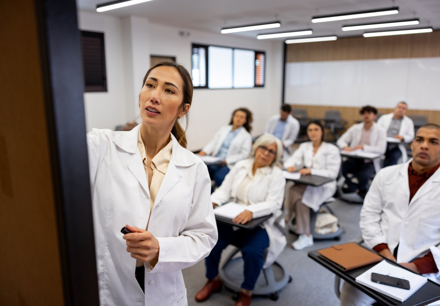 Doctor facing blackboard explaining something to doctors behind her