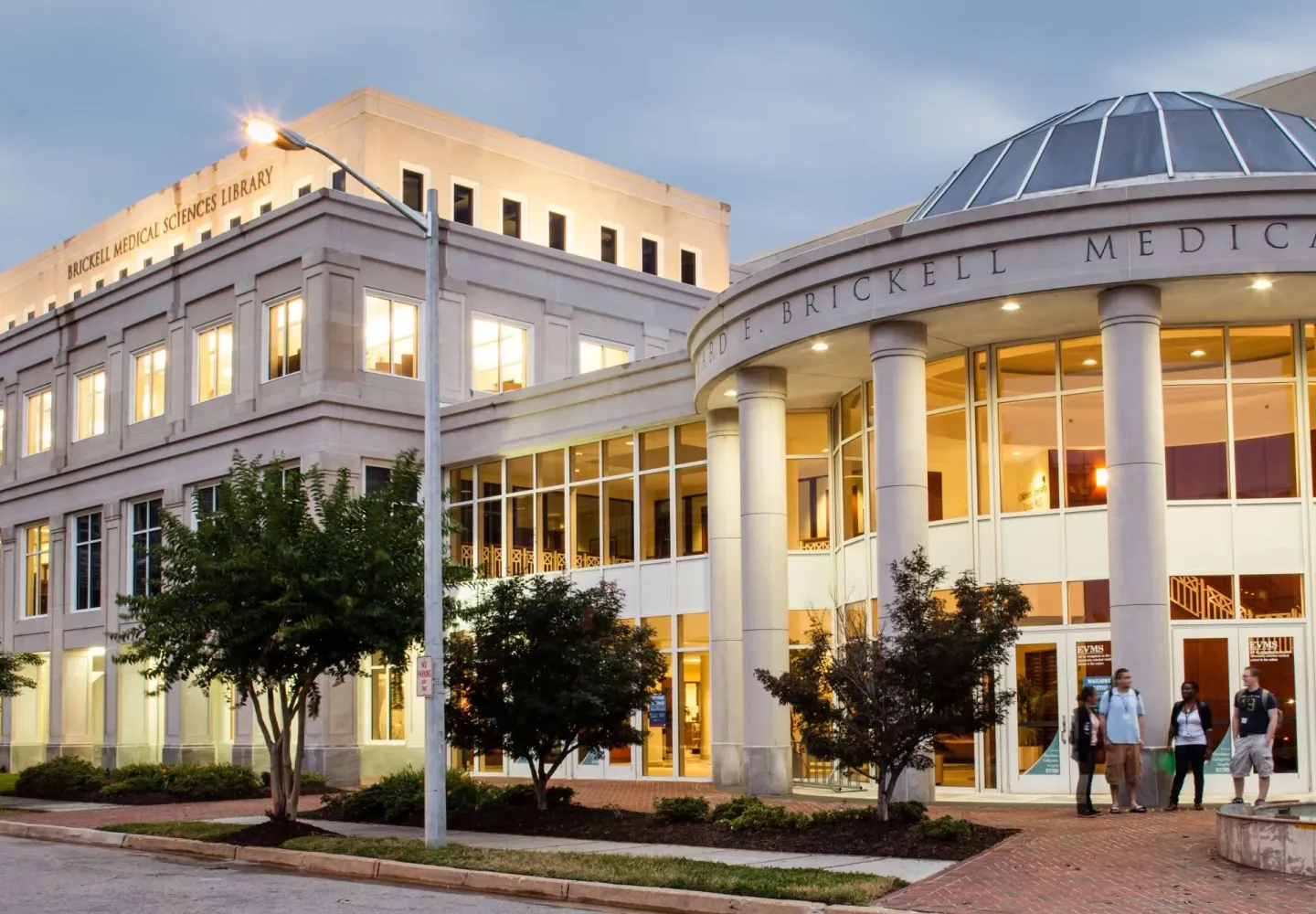 Four students standing at library entrance