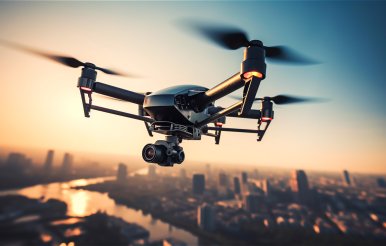 Drone traveling in the sky.