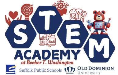 stem academy at booker t washington logo. stem written out in colors and a robot bear cartoon