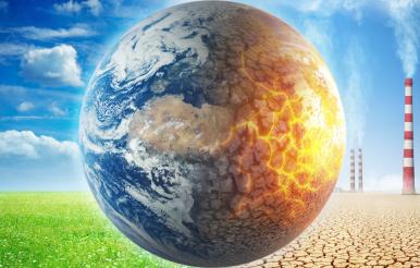 Earth on a background of grass and clouds versus a ruined Ea