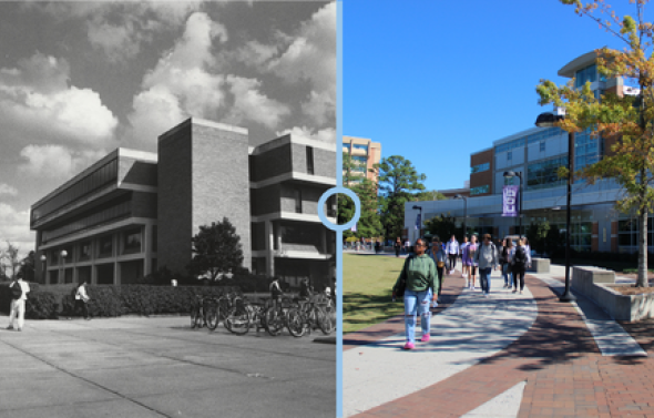two photos of the perry library