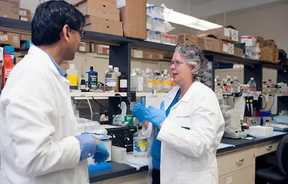 Dr. Julie Kerry converses with an associate in the lab.