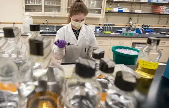 A student where a PPE mask, lab coat and gloves works in a r