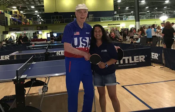 Table tennis hall-of-fame inductee Dean Johnson and Dr. Mari