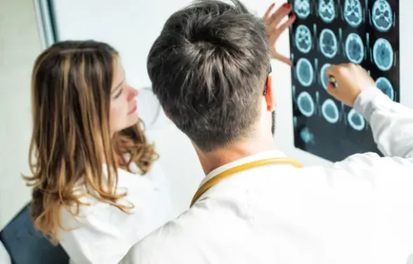 Students examining chart