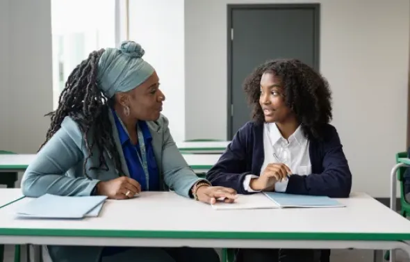 Supportive female teacher sitting at desk with teenage schoo