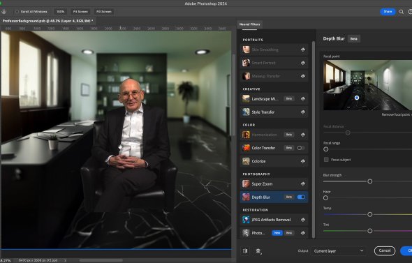 Virtual set creation example. Faculty pictured sitting in a virtual set during development.