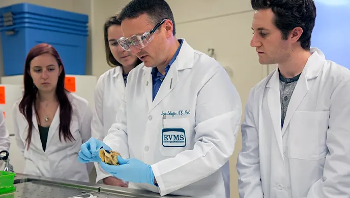 Kerwin Kolheffer, MS shows students organ tissue in a lab.