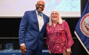 Forty-five-year service recipient Linda Wallace and President Brian O. Hemphill at the Monarch Milestones event April 10, 2025.