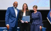 President Brian O. Hemphill and Vice President Brandi Hephner LaBanc with Monarch Values Award winner Bridget Weikel at the Monarch Milestones Celebration on April 10, 2025.