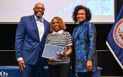 President Brian O. Hemphill and Vice President September Sanderlin with Monarch Values Award winner Ebony Drayton at the Monarch Milestones Celebration on April 10, 2025.