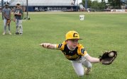 A young baseball player makes a diving catch.