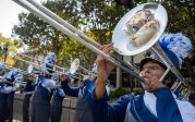 Psychology major Emma Hernandez plays trombone with the ODU Marching Band outside Webb Center before Saturday’s matchup
