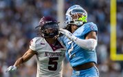 ODU safety Nickendre Stiger stays tight on North Carolina Central’s Chance Peterson while defending the play.