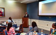 President Brian O. Hemphill, Ph.D., speaks to the Black Alumni Council members Sunday morning at the group’s breakfast. Photo Chuck Thomas/ODU