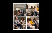 A collage of four images of a conference panel session. The first image is of the audience listening to the speakers and the remaining three images are close up of various panelists speaking