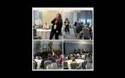 A collage of four images of a conference session in a large room with many round tables of attendees. In each of the four images, a different speaker is standing and giving a brief talk while the room listens.