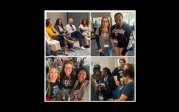 A collage of four photos, three of which are of ODU school counseling students, faculty, or alumni posing for a photo and one of school counseling students speaking as panelists in a conference session.
