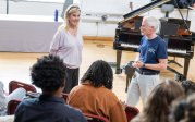 Lisanne Lyons and John Toomey share jazz knowledge with students.