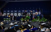 Sachin Shetty, executive director of the Center for Secure and Intelligent Critical Systems at ODU's Virginia Modeling, Analysis and Simulation Center, speaks at the advanced degree ceremony Friday evening at the Chartway Arena. Photo Chuck Thomas/ODU