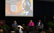 Master of Ceremonies Cathy Lewis (left) shares a light moment with keynote speakers Dwight S. Riddick II, Ph.D., and Jennell Whitfield Riddick, Ph.D., at Old Dominion University’s 41st Annual Martin Luther King Jr. Observance on January 29.